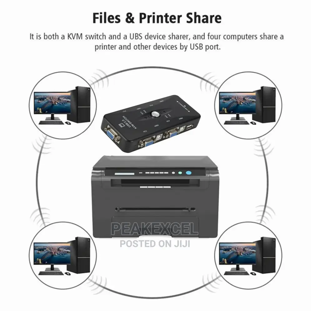 4 Port Kvm Switch USB 2.0 VGA Splitter Printer Mouse Keyboar