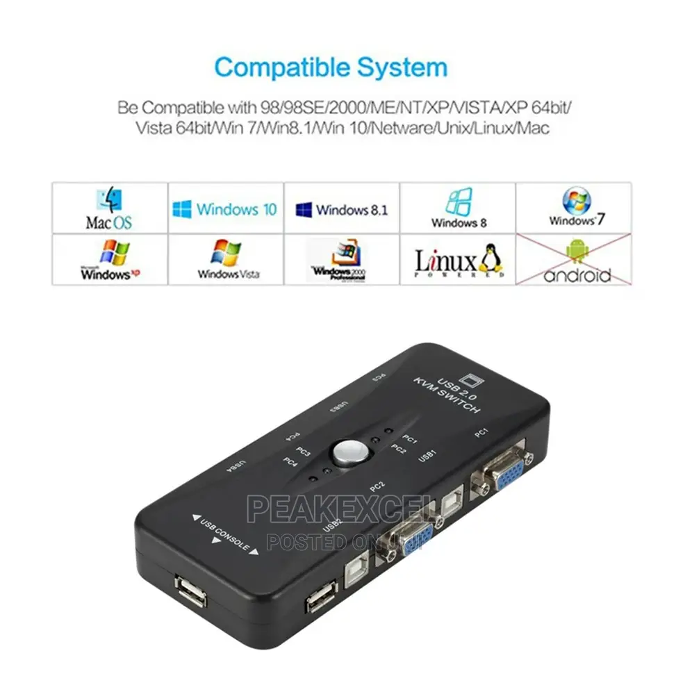 4 Port Kvm Switch USB 2.0 VGA Splitter Printer Mouse Keyboar