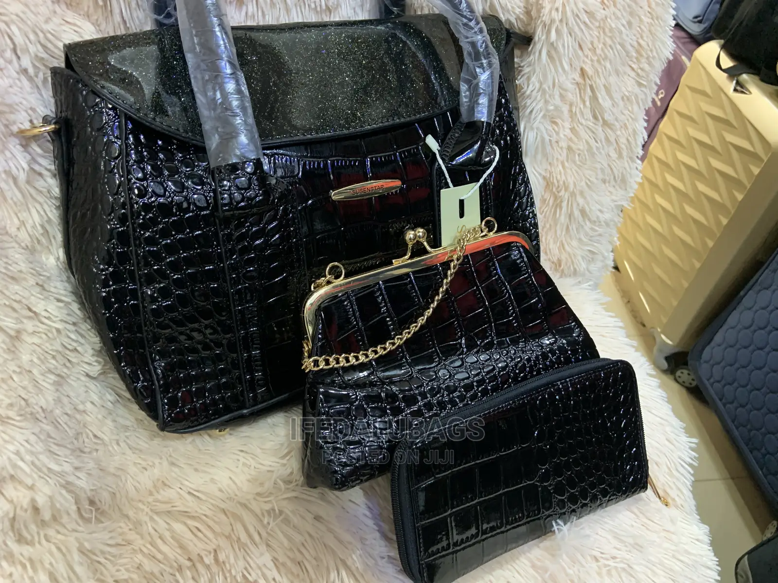 3n1 Black Croc Skin Quality Hand Bag