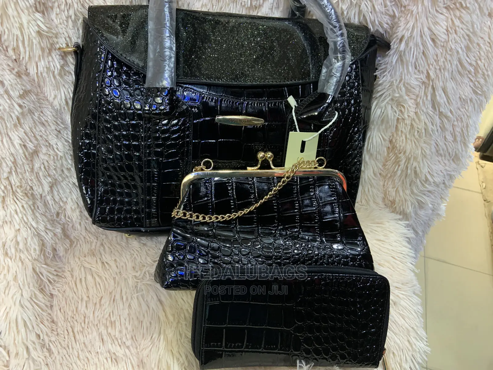 3n1 Black Croc Skin Quality Hand Bag