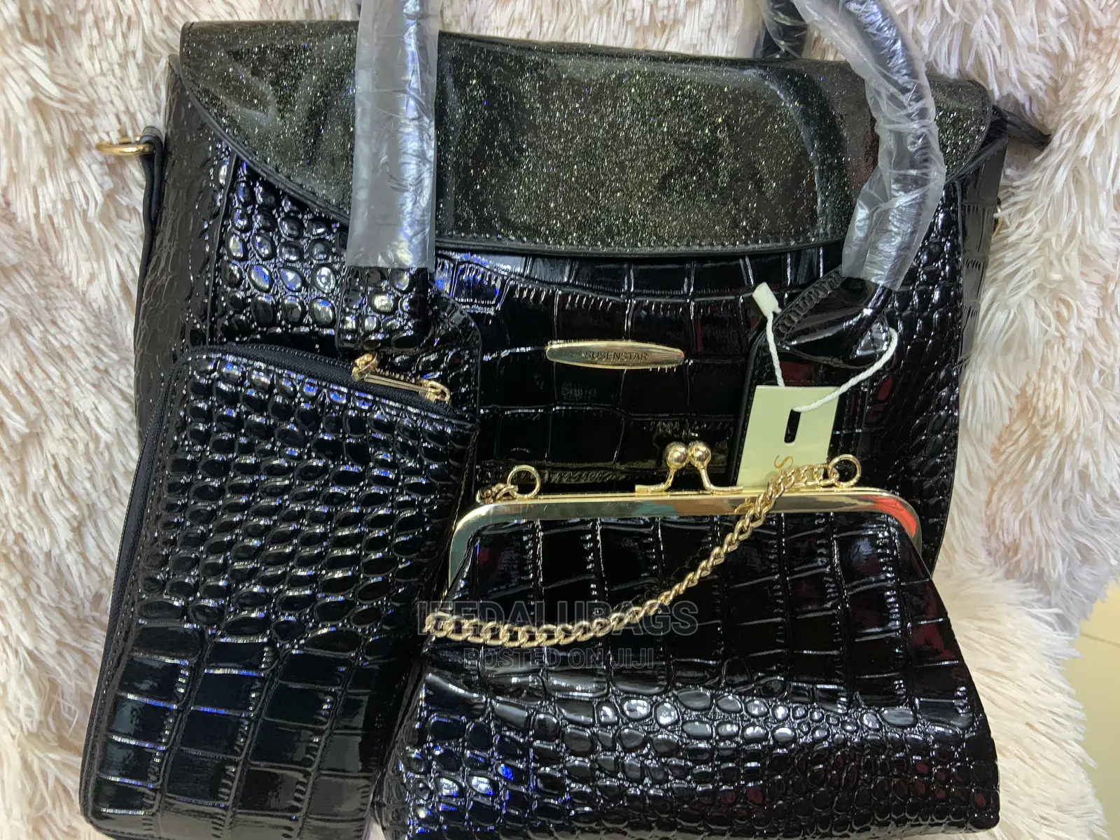 3n1 Black Croc Skin Quality Hand Bag