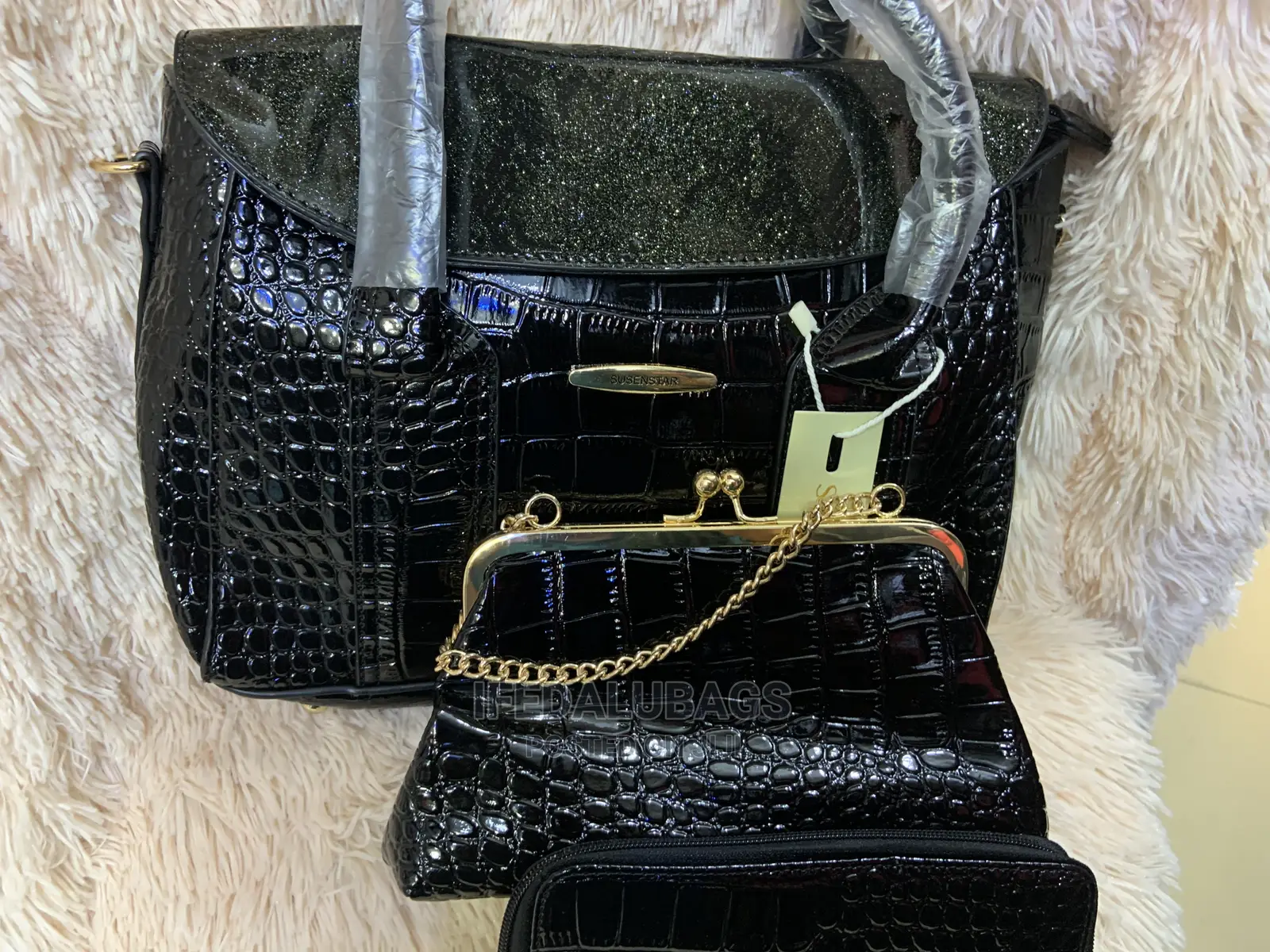 3n1 Black Croc Skin Quality Hand Bag