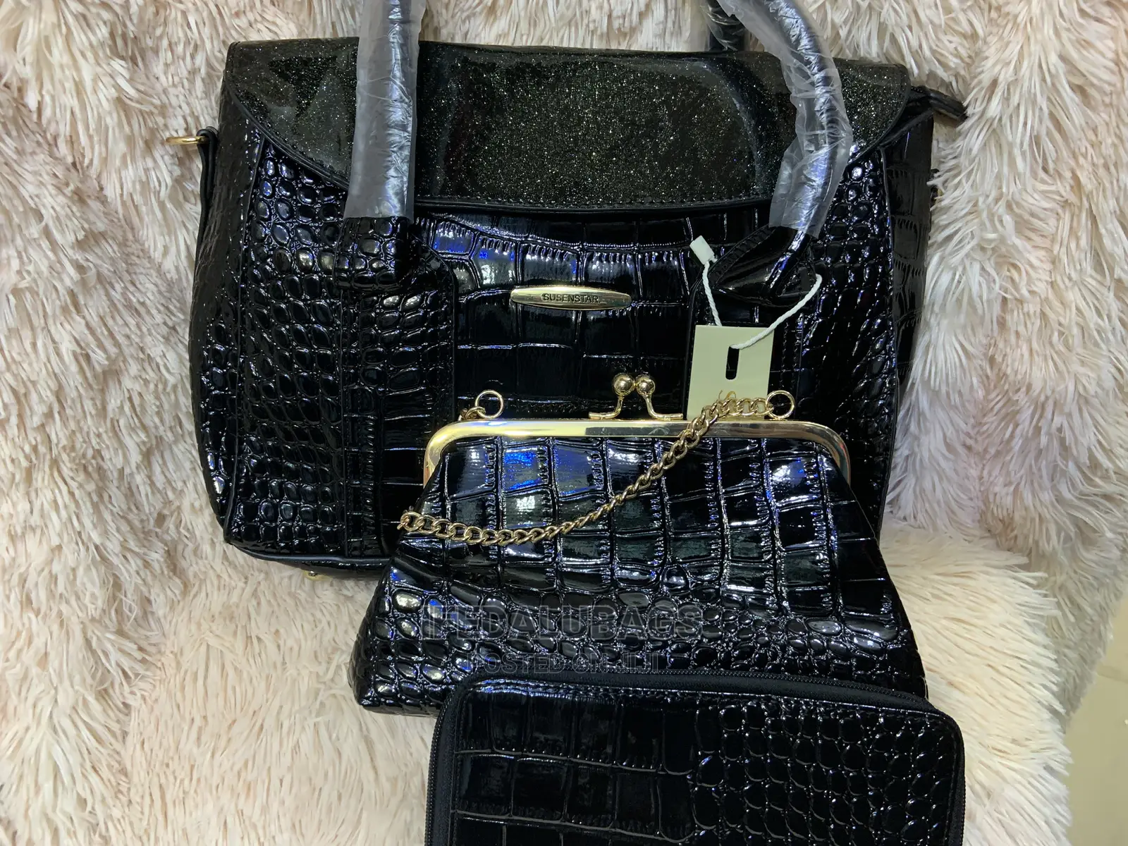 3n1 Black Croc Skin Quality Hand Bag