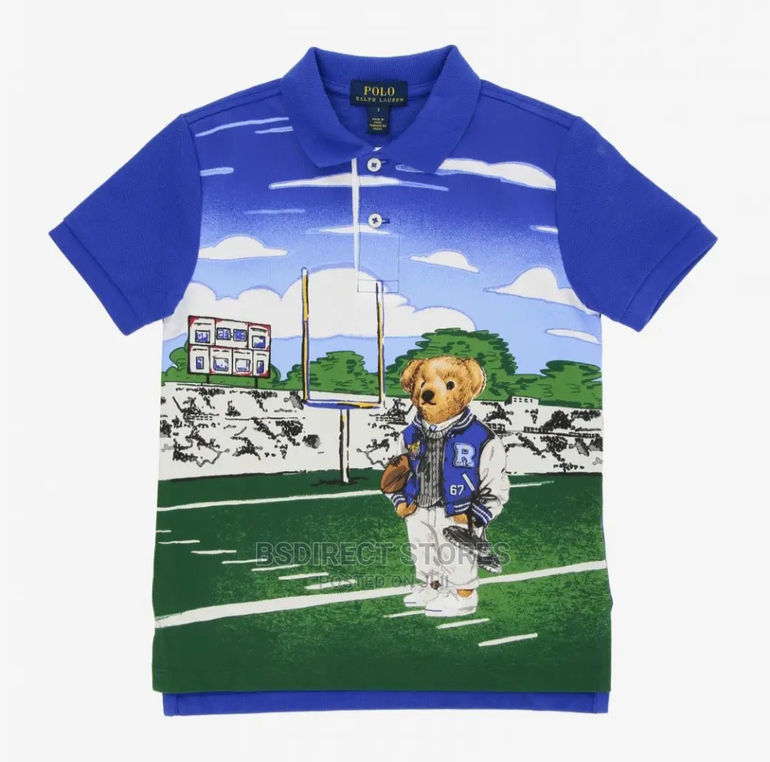 Polo Ralph Lauren Boys Blue Rugby Bear Custom Slim Fit Polo