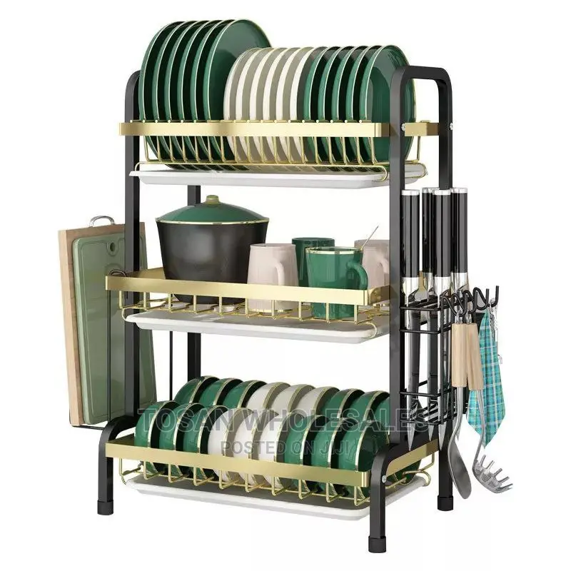 Stainless Steel 3 Tier Golden Dish Rack With Drain Board