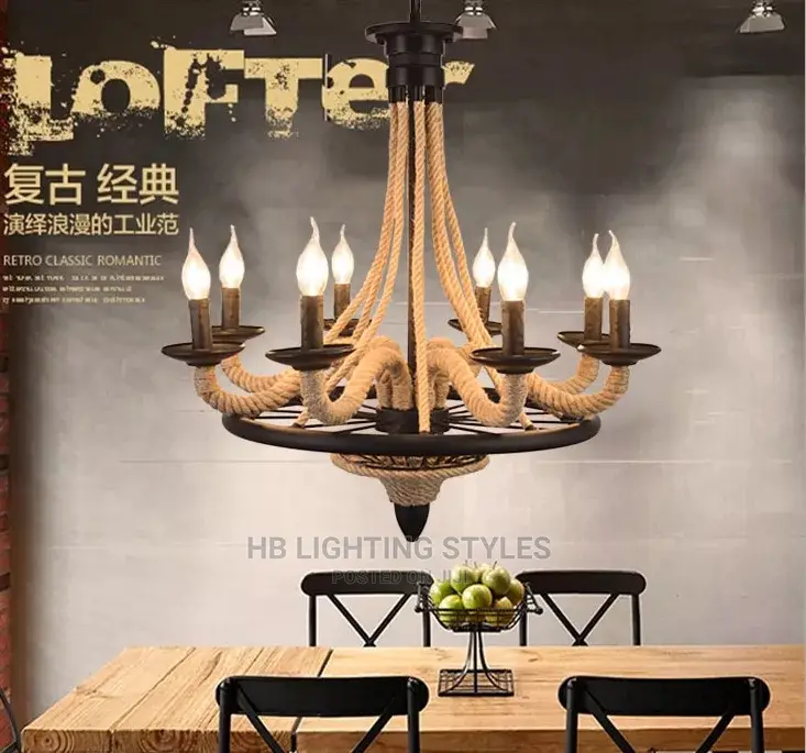 Vintage Hemp Rope Chandelier Lighting Fixture