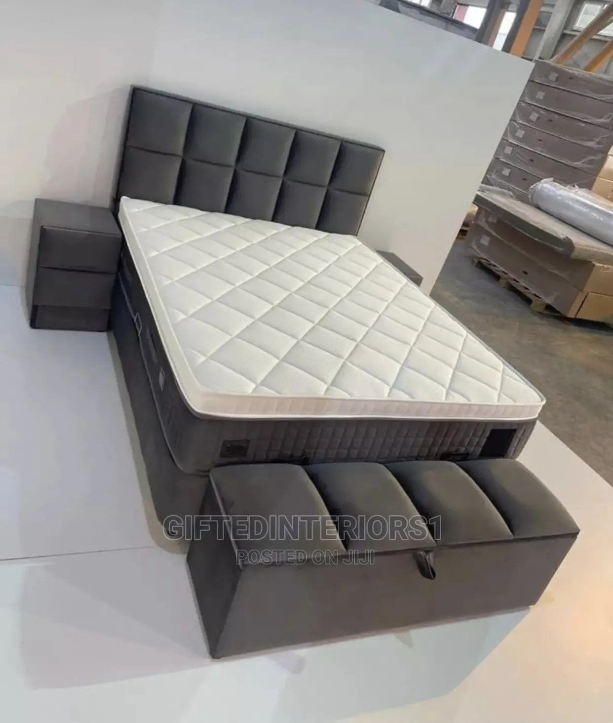 6 by 6 Block Design Bedframe + Bedside Cupboard + Footrest