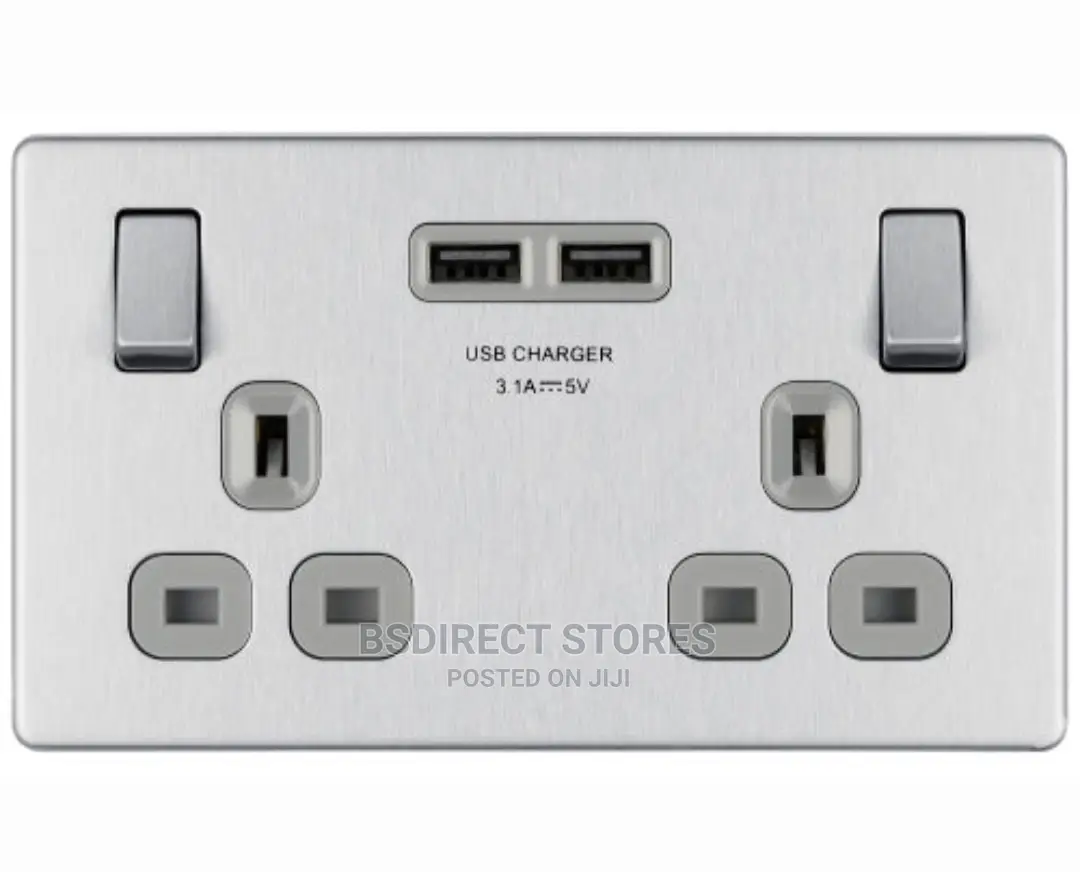 BG Brushed Steel USB Double Socket 2gang Screwless Flatplate