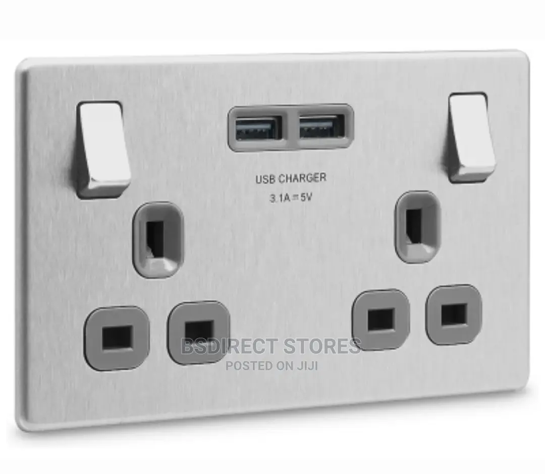 BG Brushed Steel USB Double Socket 2gang Screwless Flatplate
