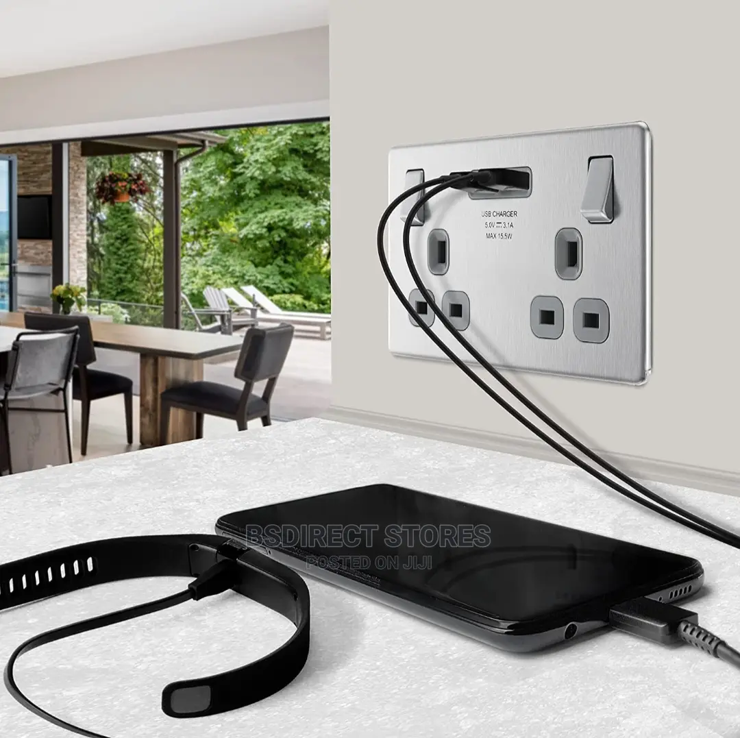 BG Brushed Steel USB Double Socket 2gang Screwless Flatplate