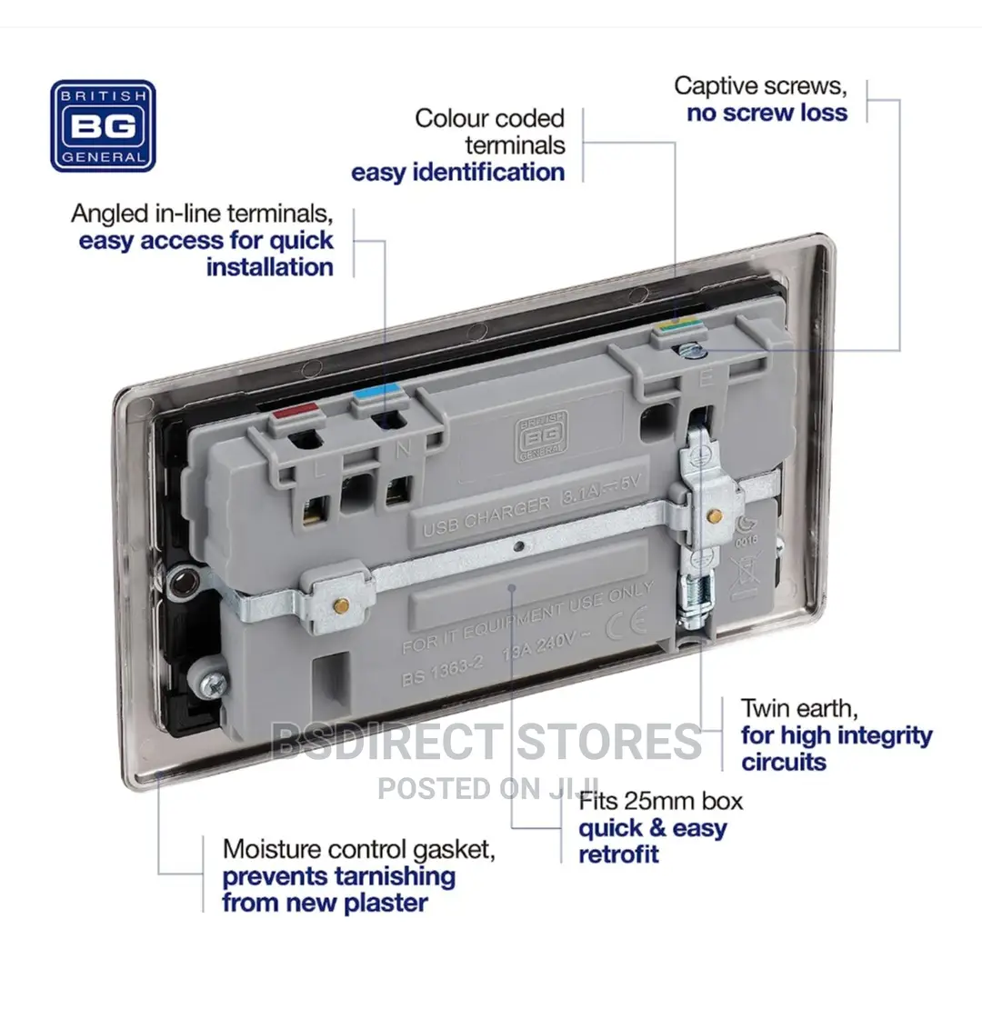 BG Metal Black Nickel 13A 2 Gang Switched Socket + USB 3.1A
