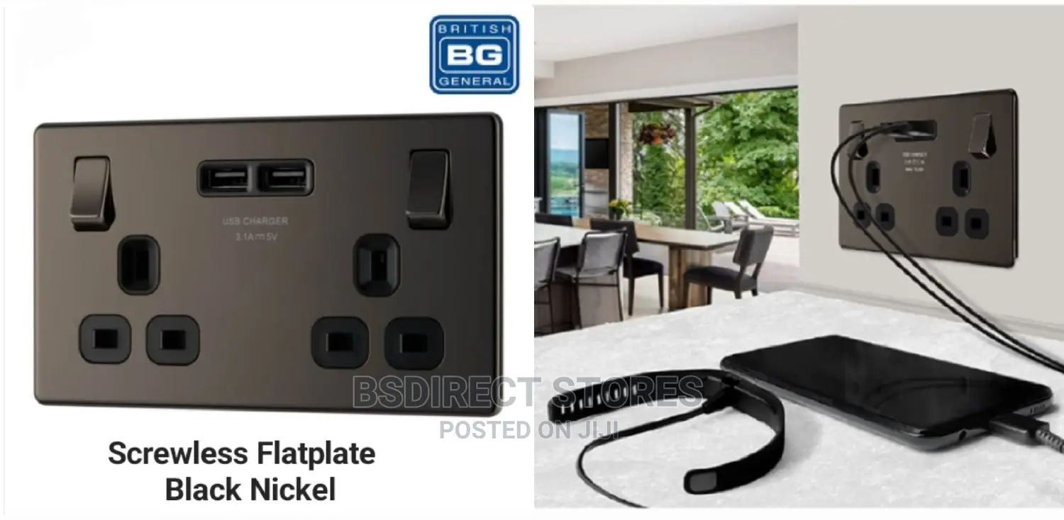BG Black Nickel USB Double Socket 2 Gang Screwless Flatplate