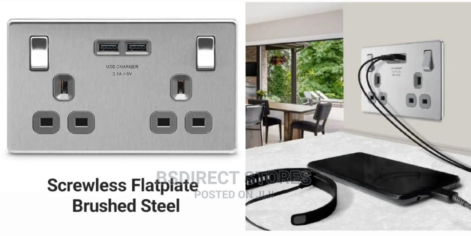 BG Brushed Steel USB Double Socket 2gang Screwless Flatplate