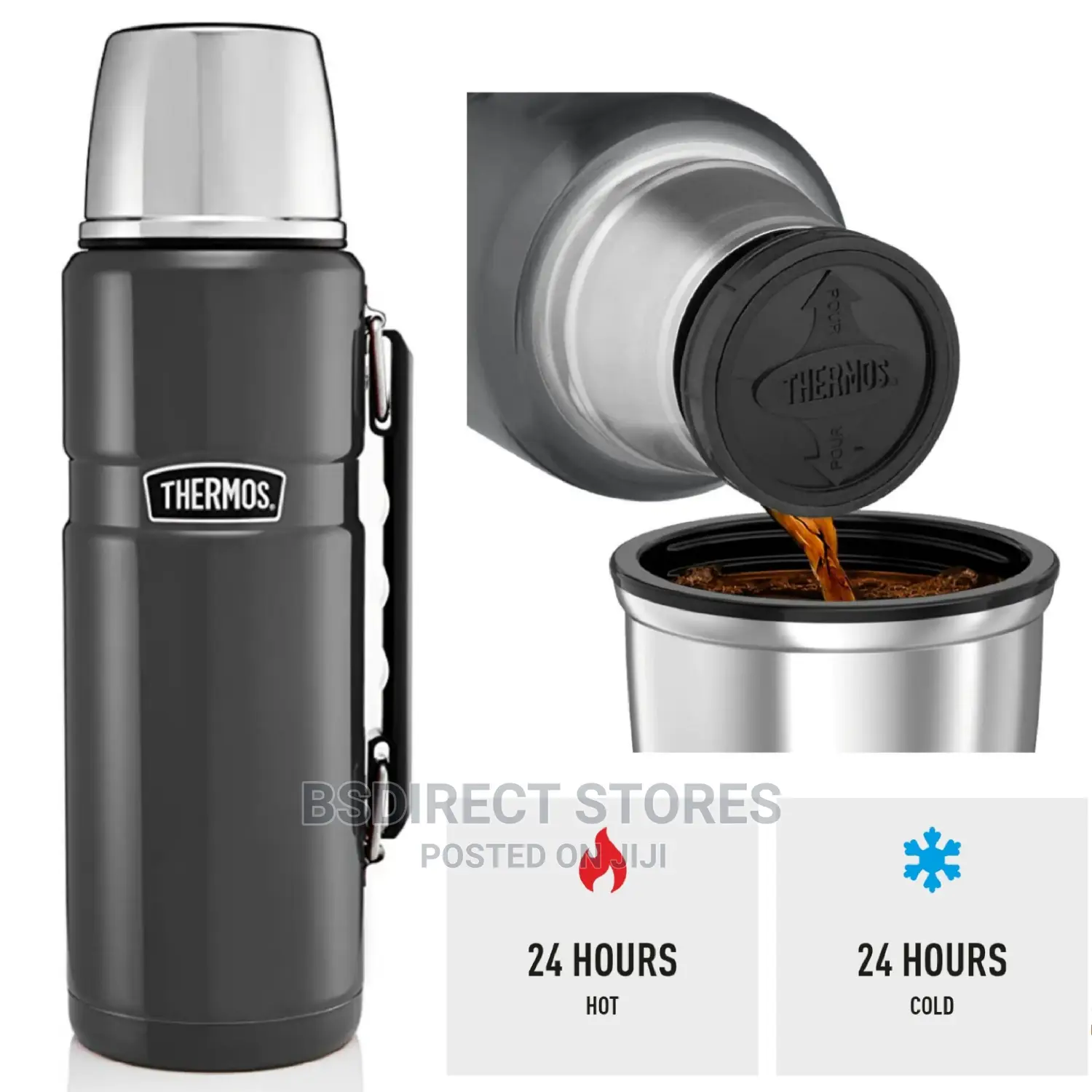 Thermos Gun Metal 1.2L King Stainless Steel Flask Vacuum