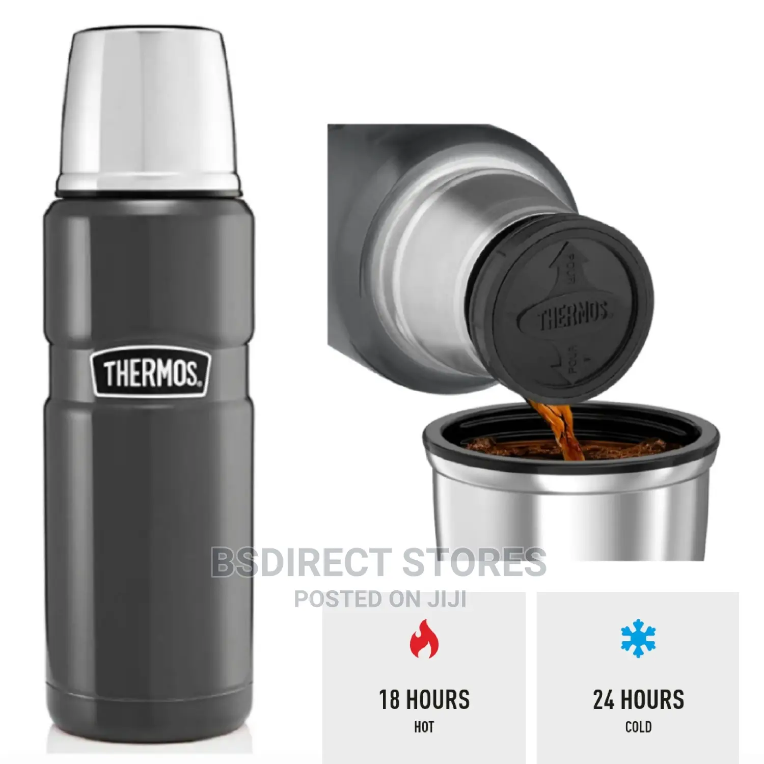Thermos GUN METAL Stainless Steel King Drink Flask, 470ml