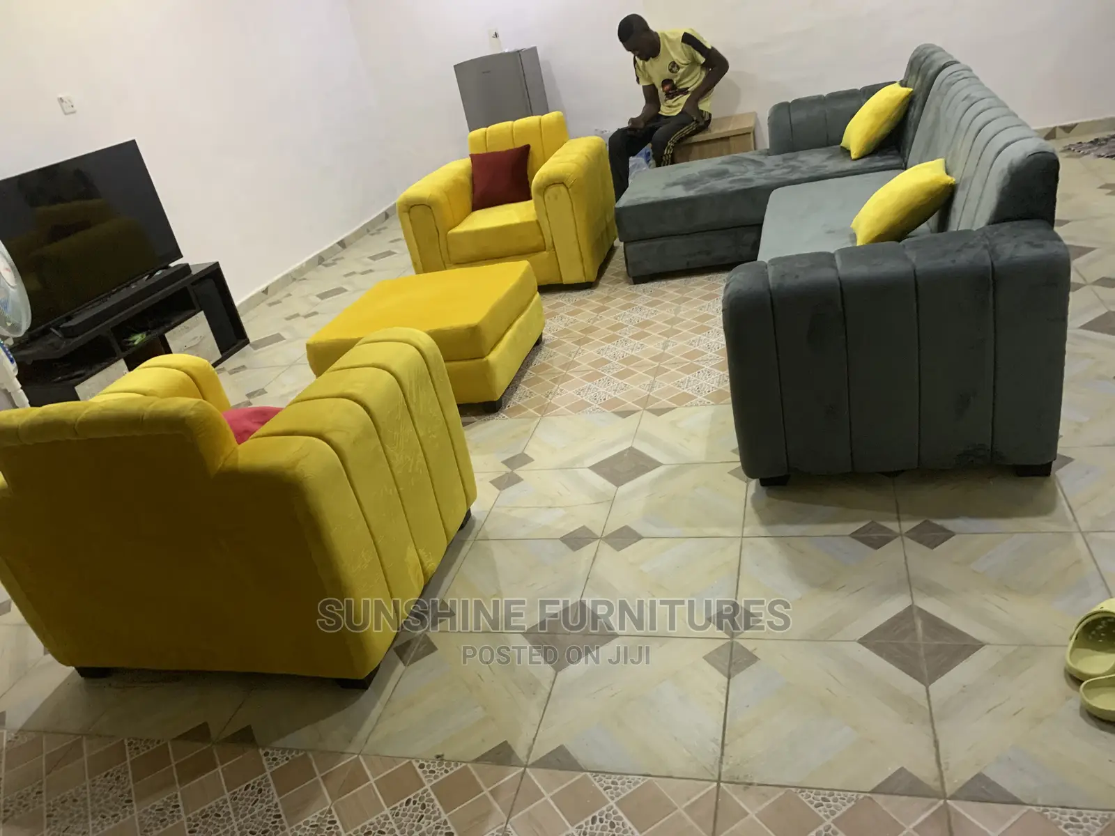 L Shaped Tufted Sofa With Single Chairs