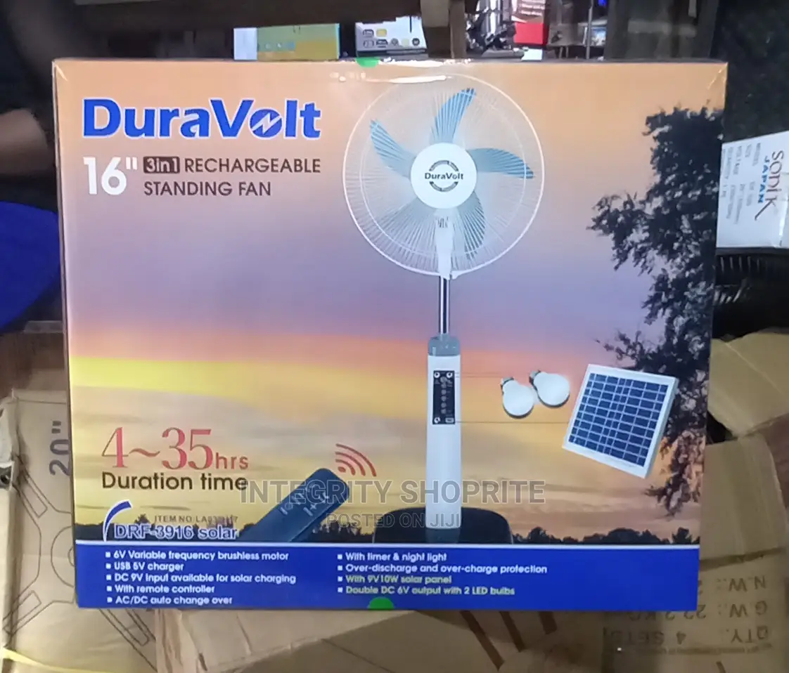 Duravolt 16 Inches 3 in 1 Rechargeable Fan With Solar
