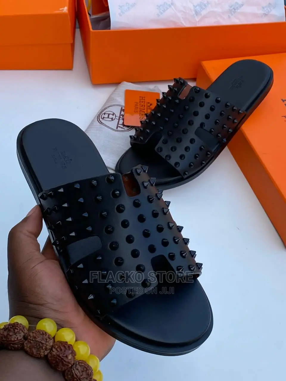 Original Hermes Leather Spike Stone Slippers