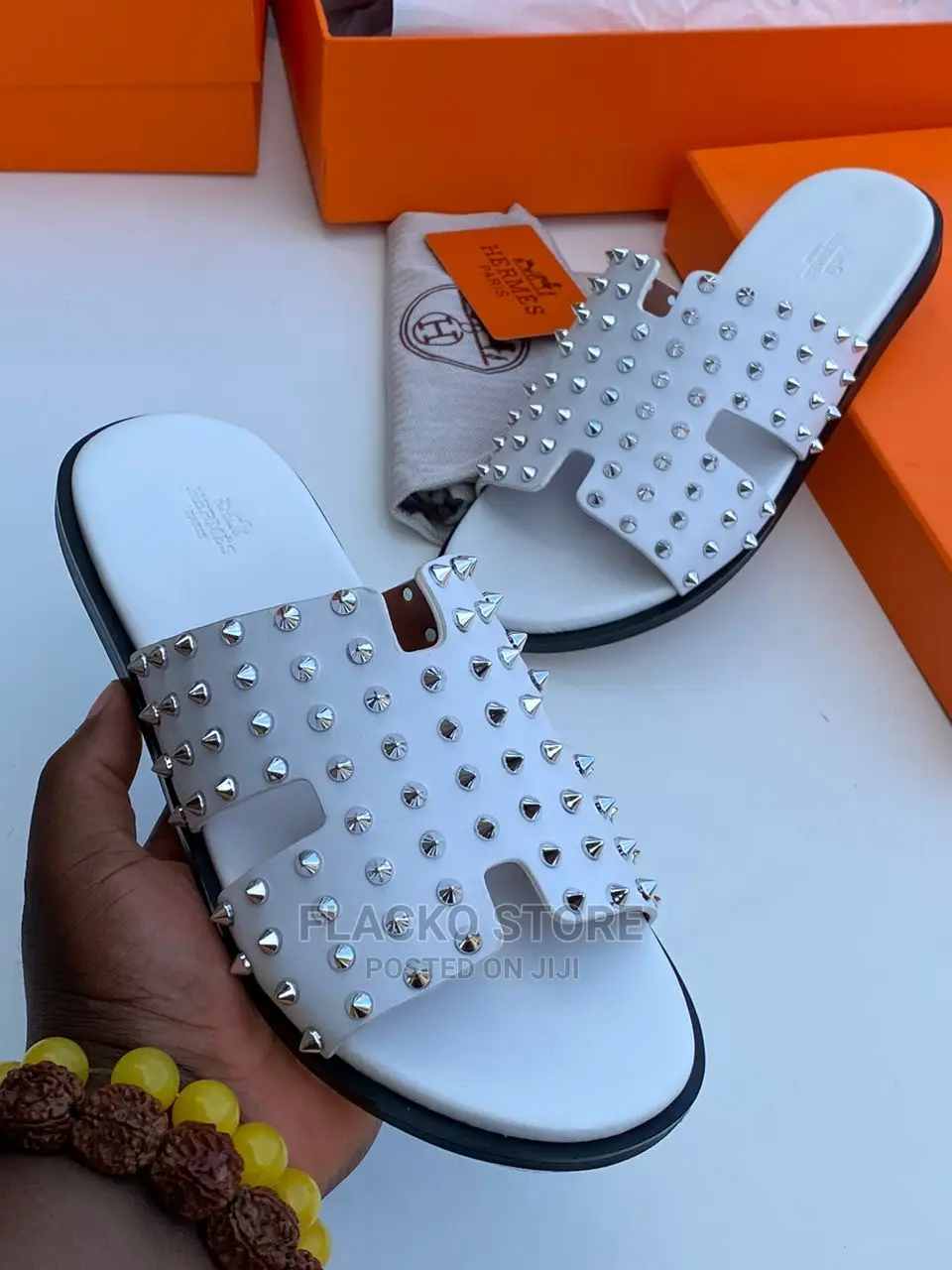 Original Hermes Leather Spike Stone Slippers
