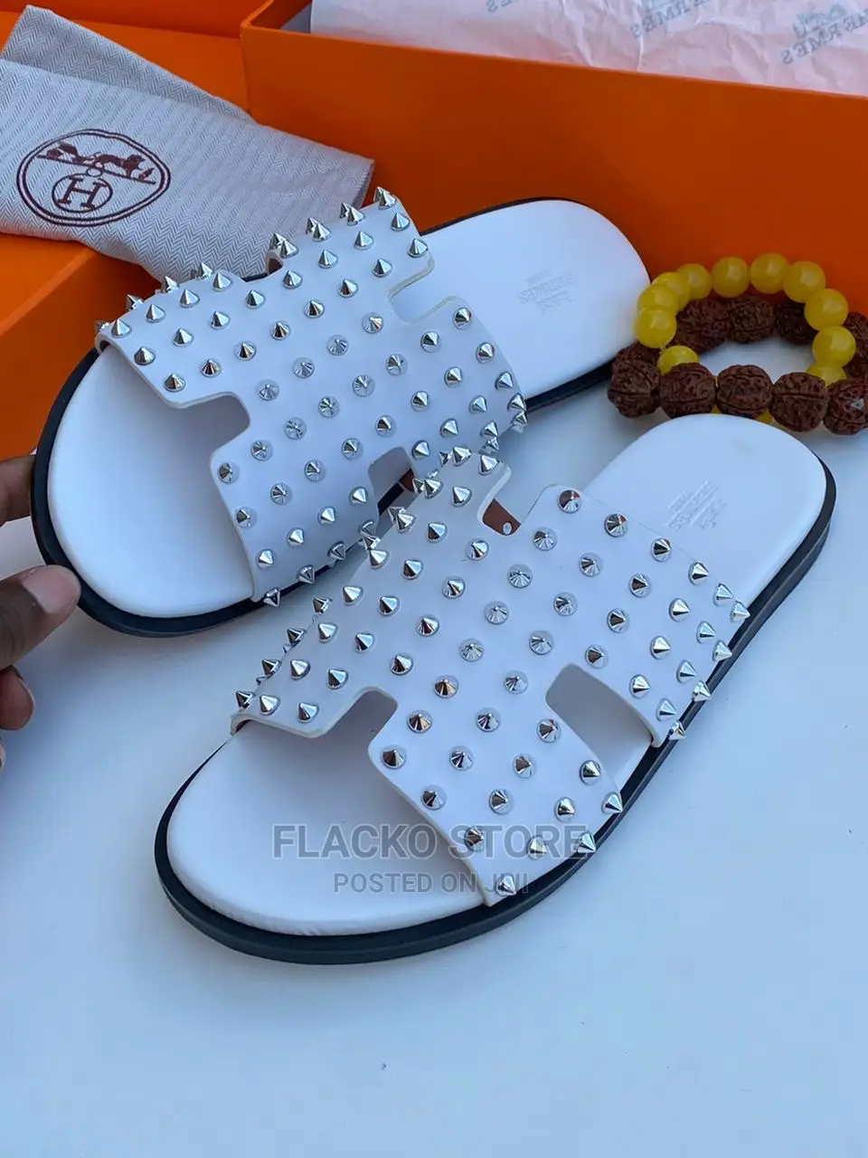 Original Hermes Leather Spike Stone Slippers