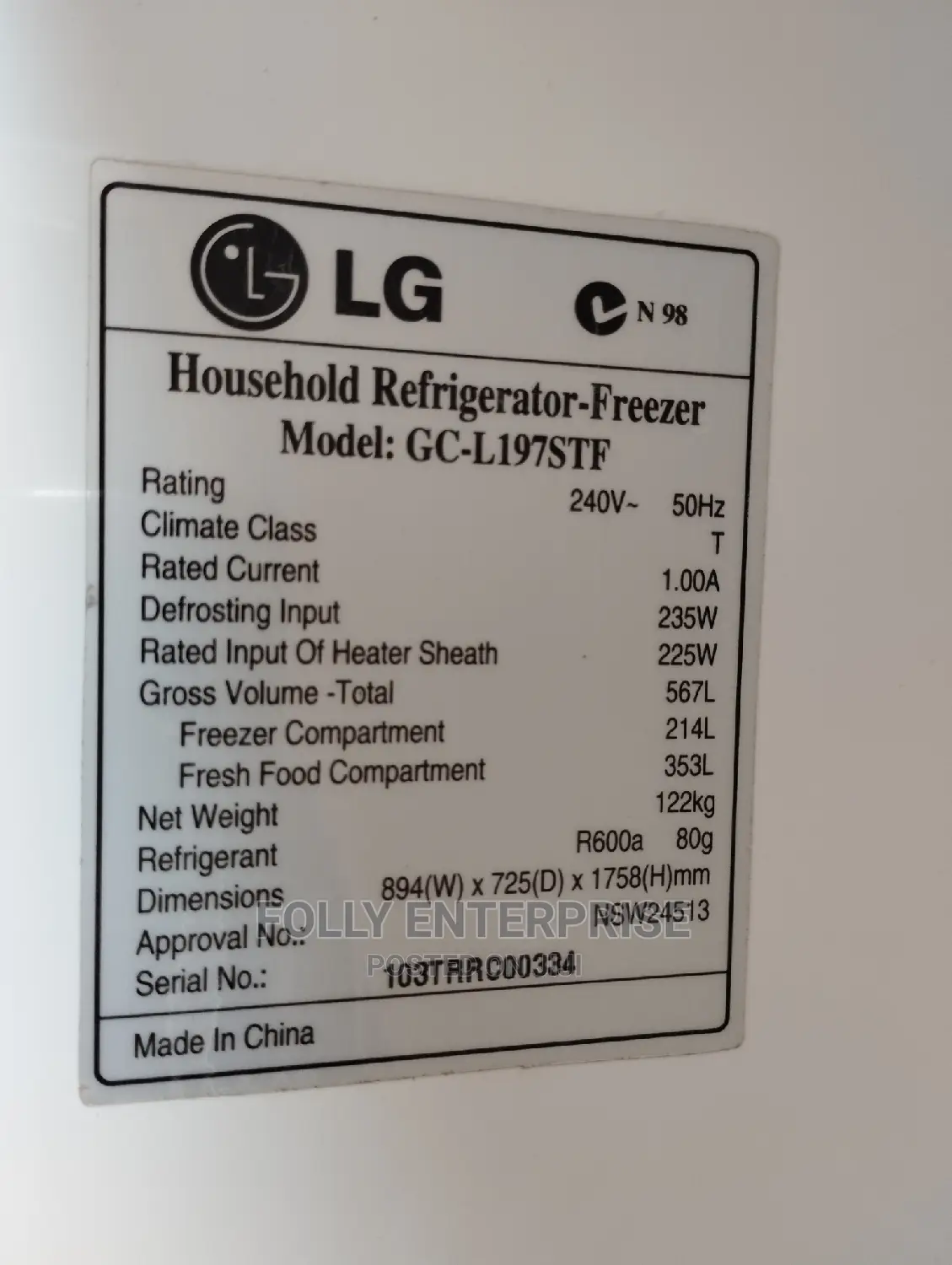 LG Side by Side Refrigerator