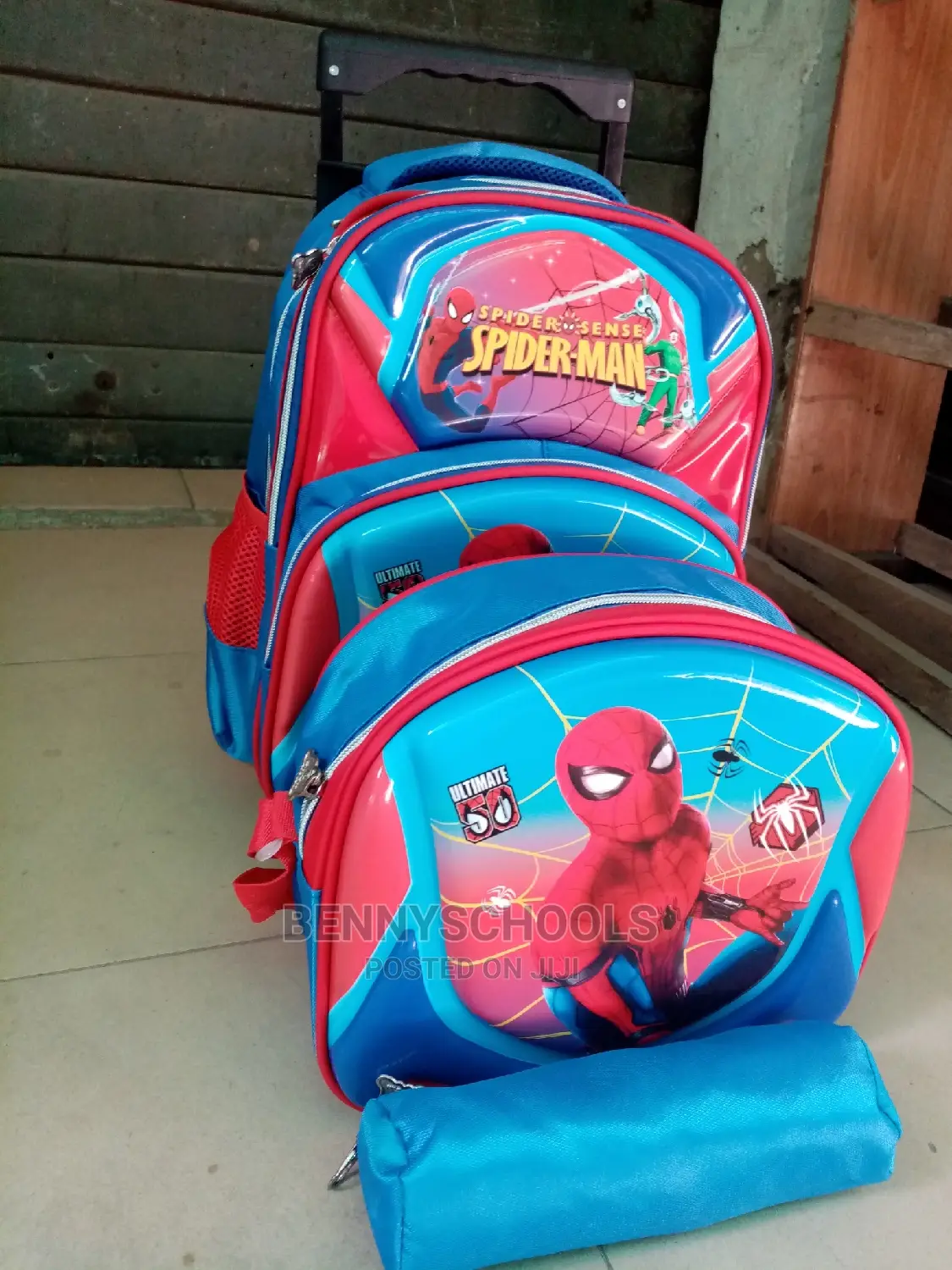 Set of 3 Blue Red Spiderman Kids Children Trolley School Bag