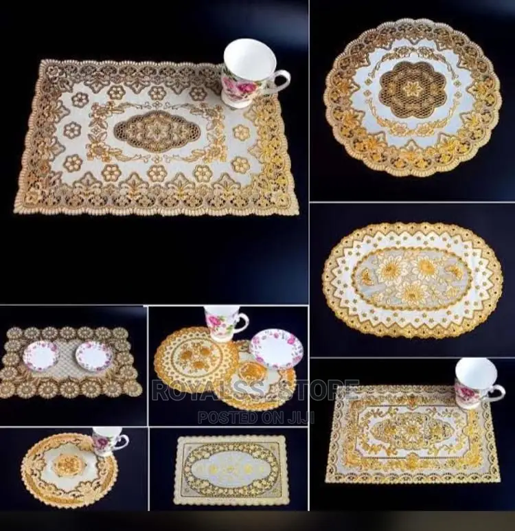 6pcs Decorative Waterproof Gold Lace Table Mat / Runner Set