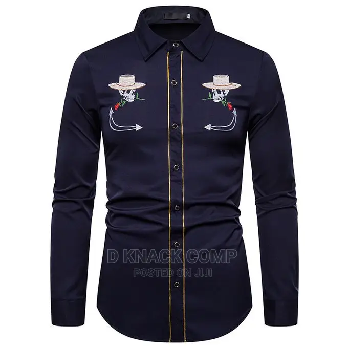 Embroidered Men's Slim Shirt- Navy Blue