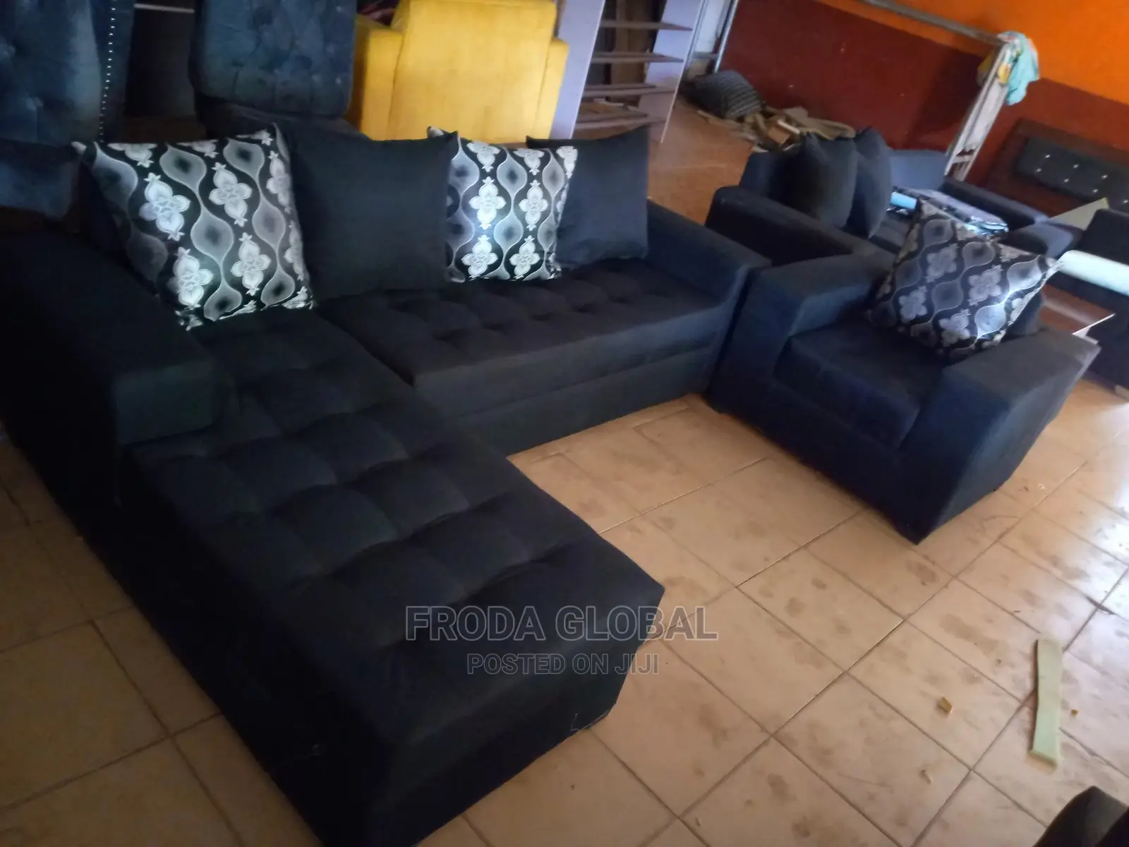 Portable L-Shape Sofa and Single Chair. Black Fabric Couch