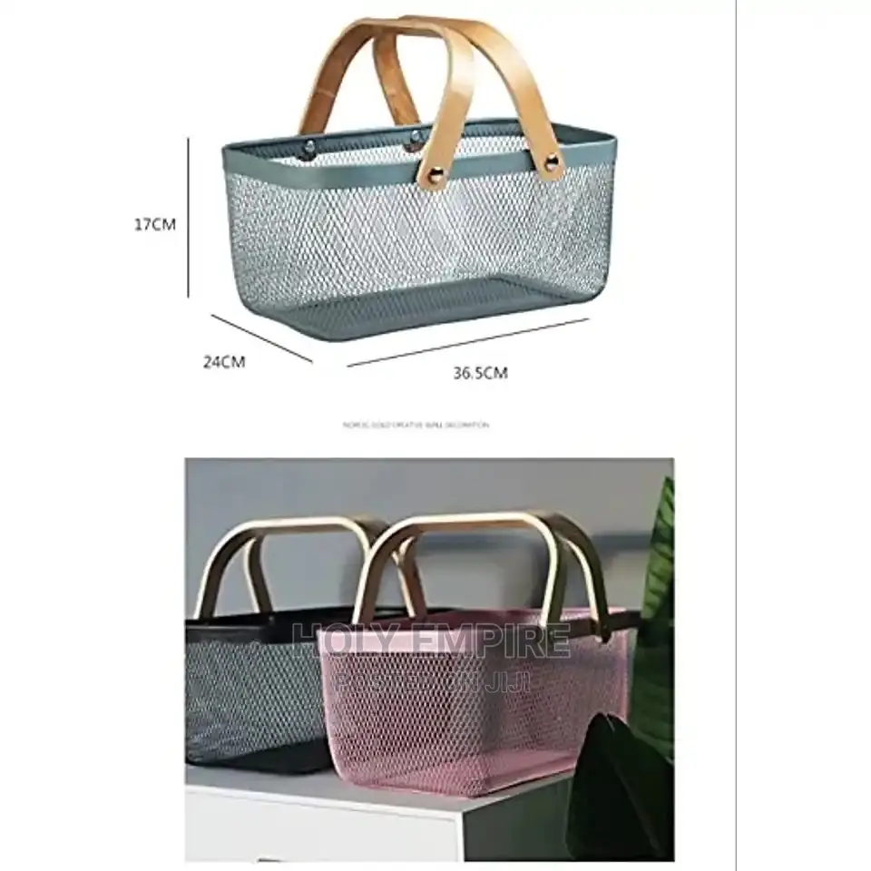 Metal Mesh Steel Storage Organizer Basket With Bamboo Handle