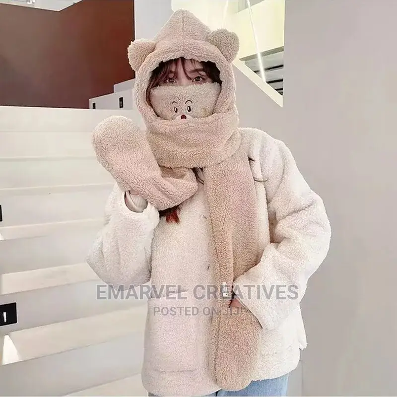 3 in 1 Hat Scarf Set Cute Cartoon Bear Ear Beanie Scarf