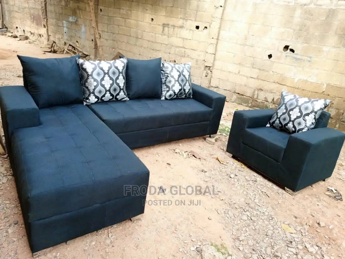 L-shape Sofa And Single Chair + Pillows. Black Fabric Couch