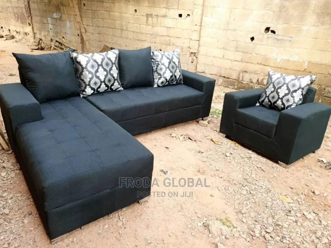 L-Shape Sofa and Single Chair + Pillows. Black Fabric Couch