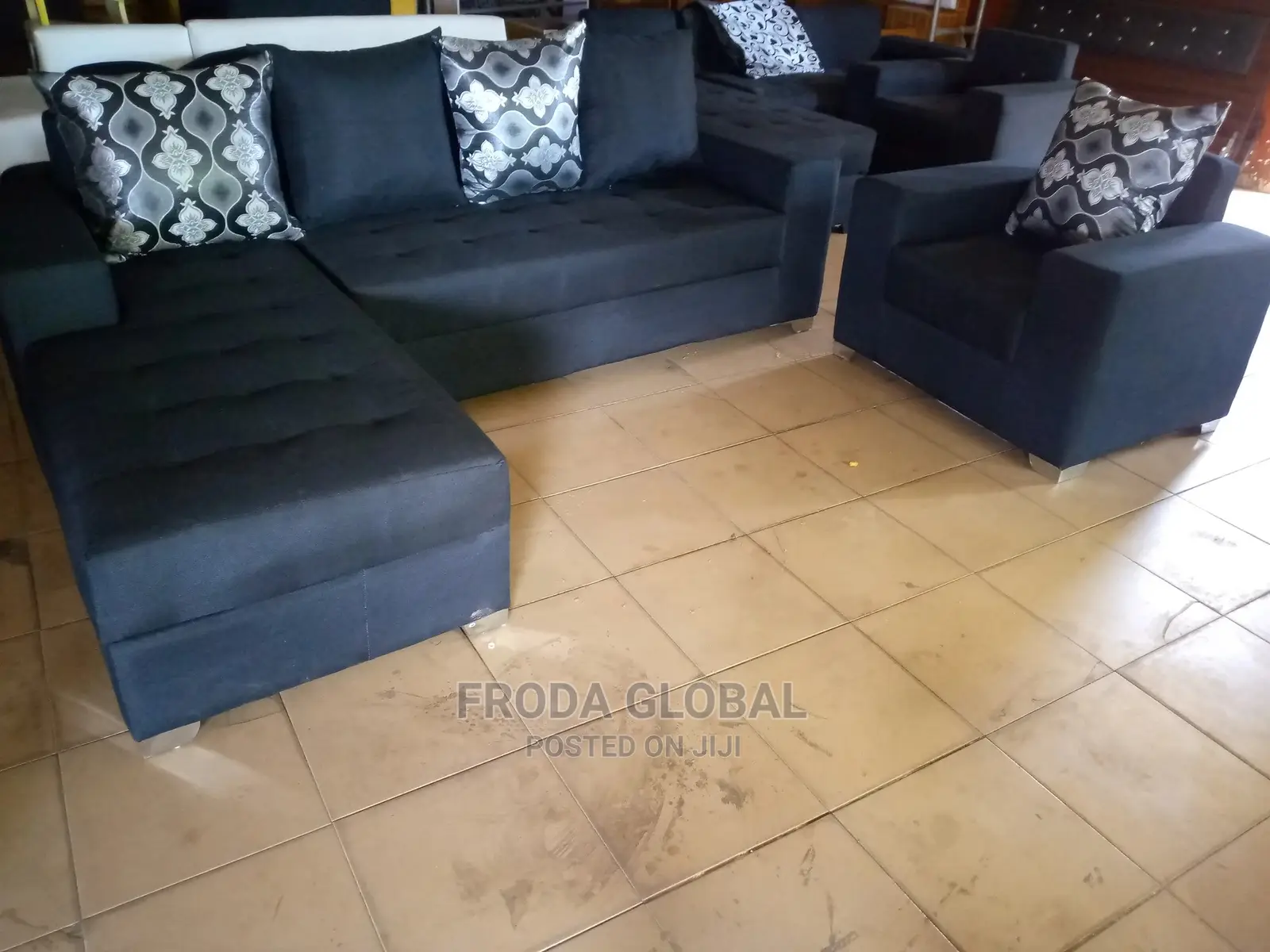 Black Fabric Couch L-Shape and Single Chair