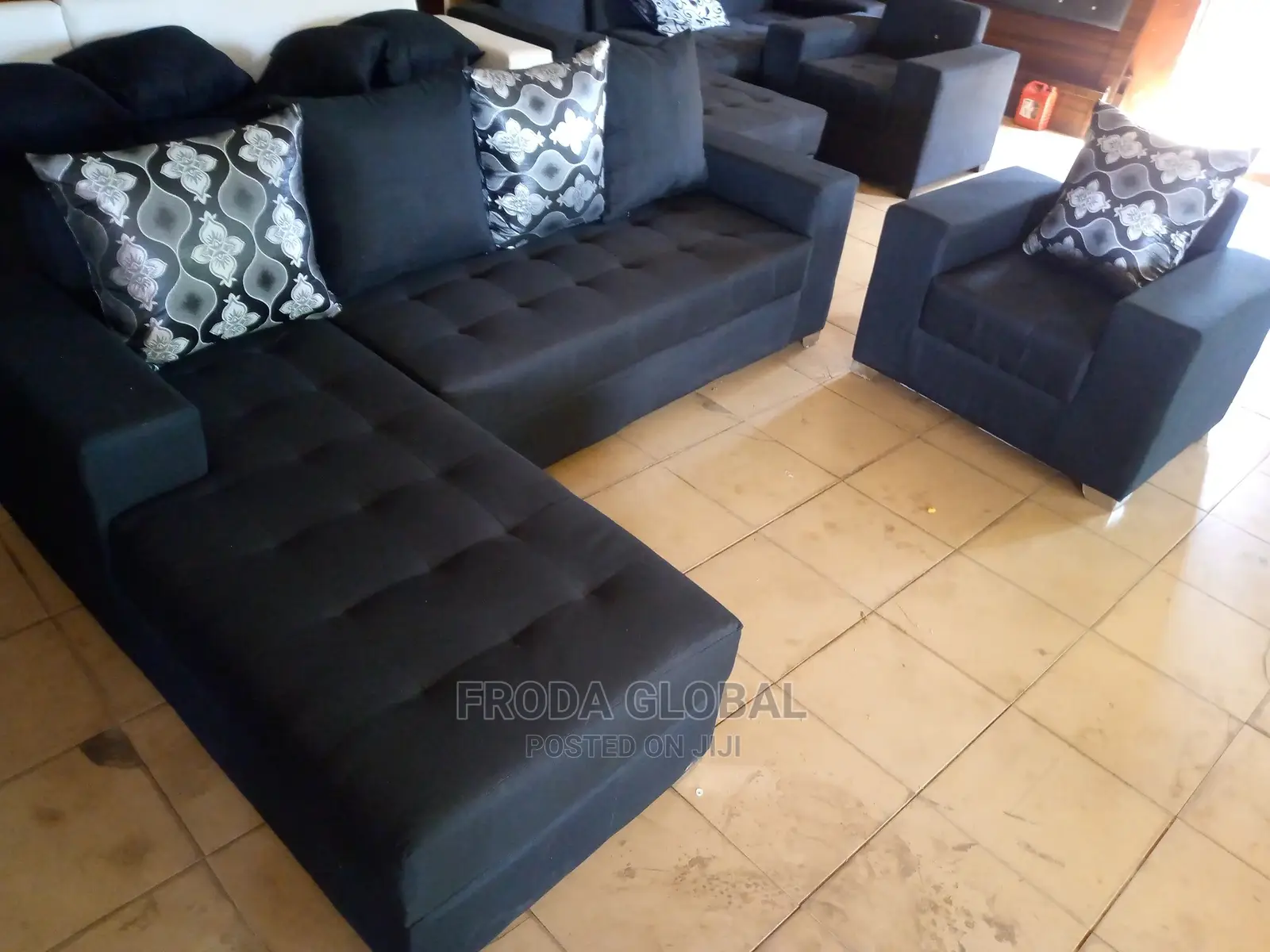 L-Shape Sofa and Single Chair + Pillows. Black Fabric Couch. Akw87