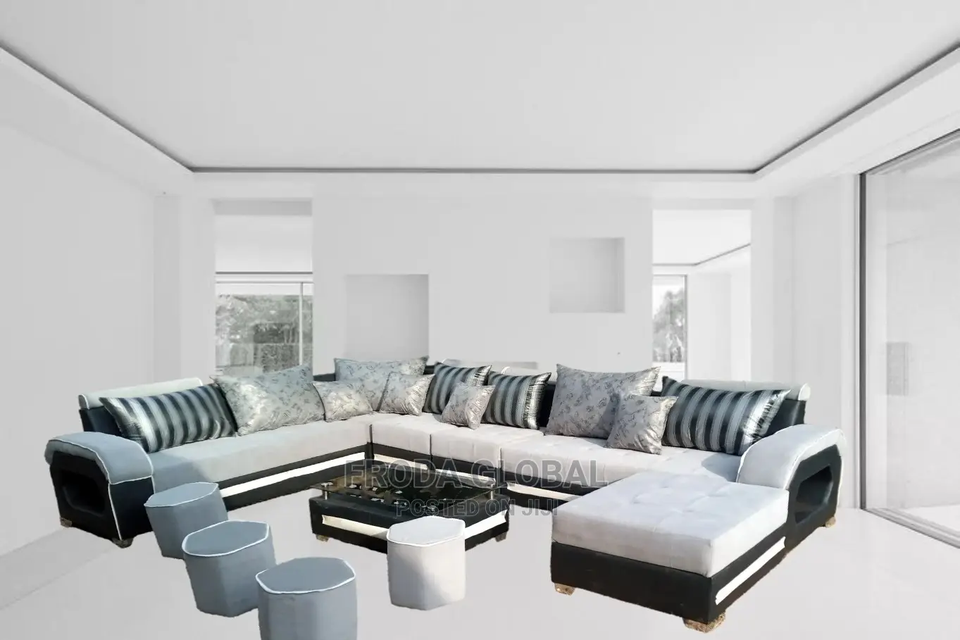 U-Shape Sofa Chairs With Table and Side Stools. Fabric Couch
