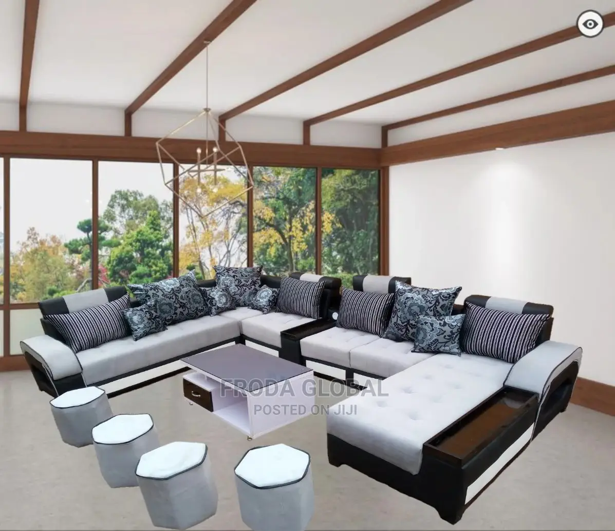 U-Shape Sofa Chairs With Table and Side Stools. Fabric Couch