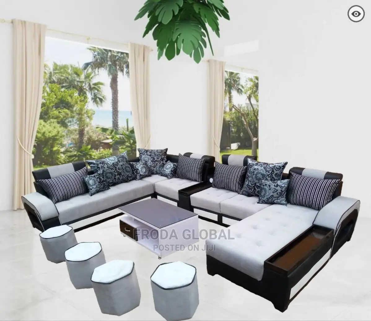 U-Shape Sofa Chairs With Table and Side Stools. Fabric Couch