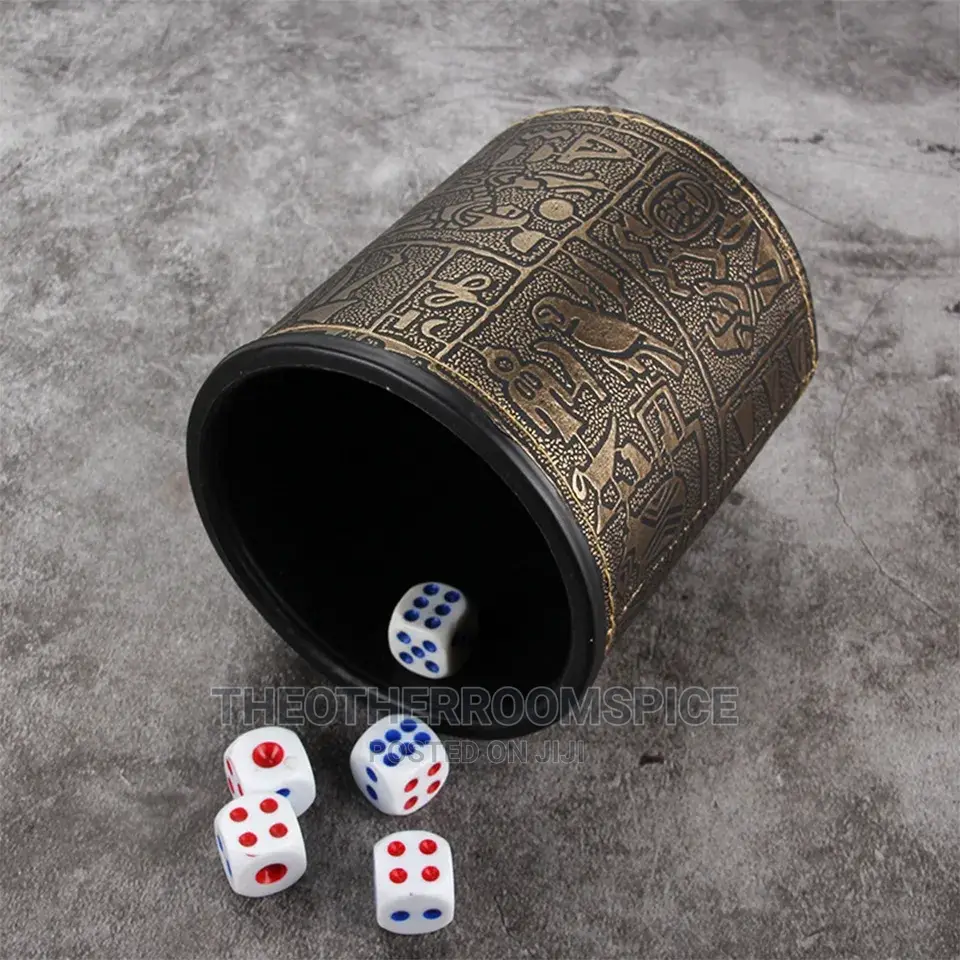 5pc Dice Set With Egyptian Leather Cup or Plastic Ludo Dice