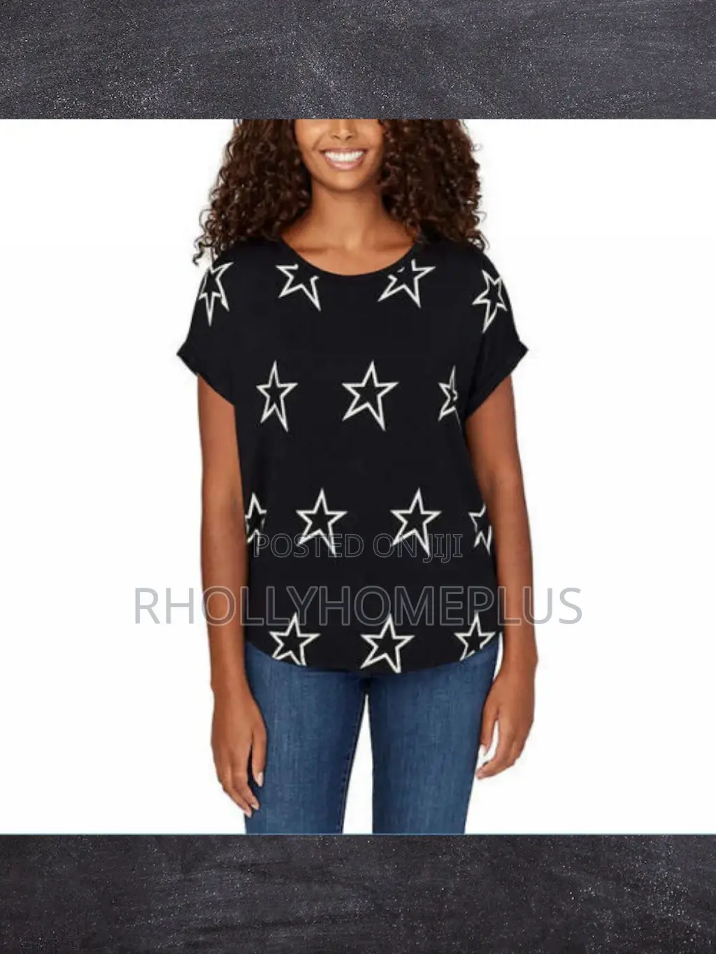 Black Star Print Short Sleeve Knit Top