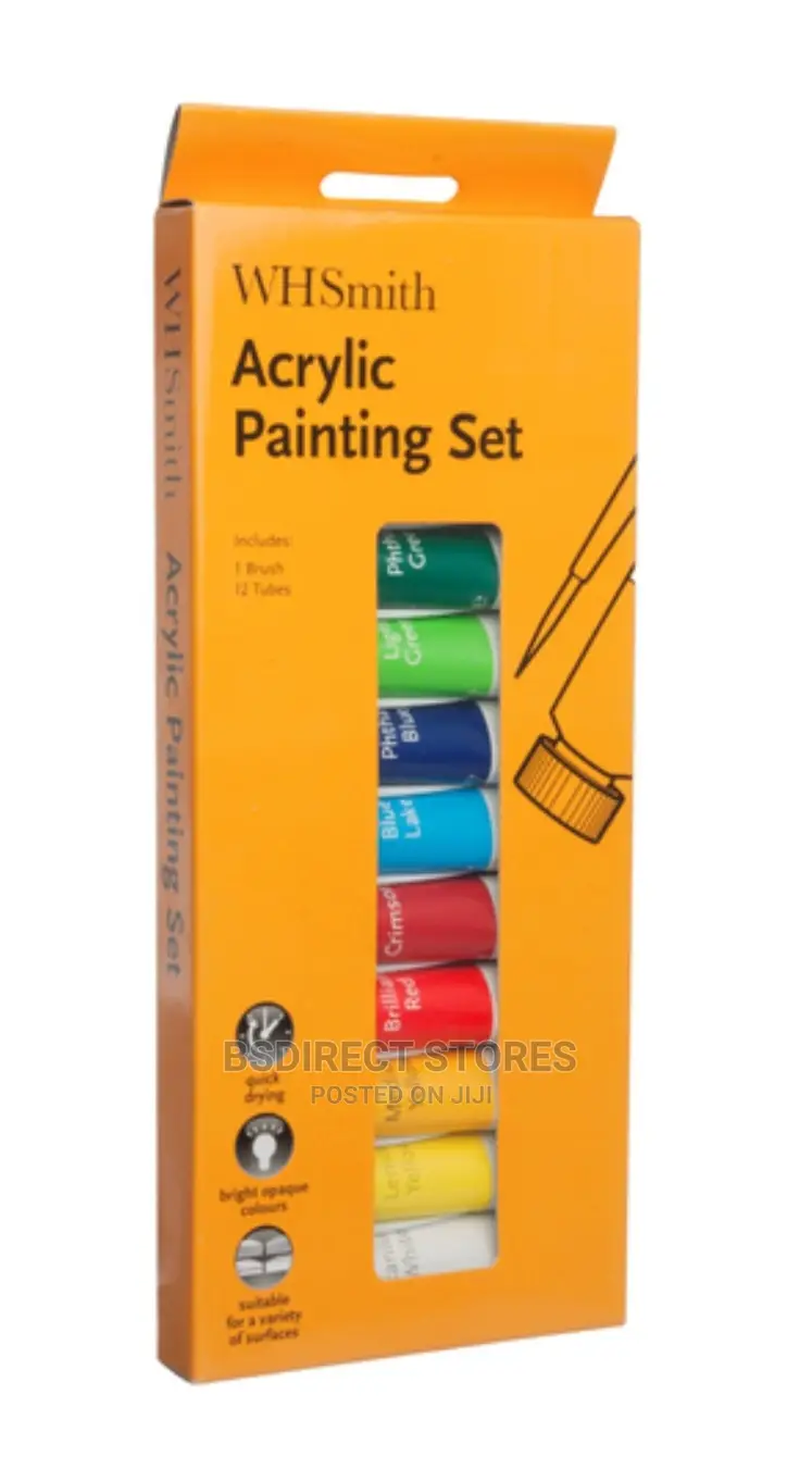 Whsmith Acrylic Paints 12ml Quick Drying Pack Of 12 + Brush