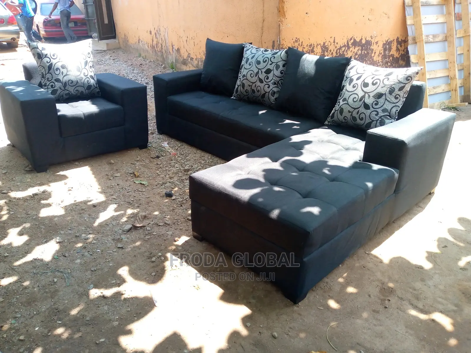 L-Shape Sofa and Single Chairs. Black Fabric Couch