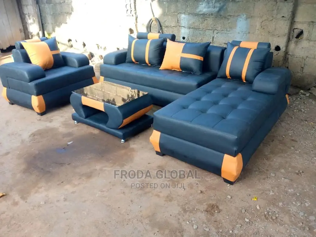 L-Shaped Sofa With Single Chair and Table. Leather Couches. Lis01