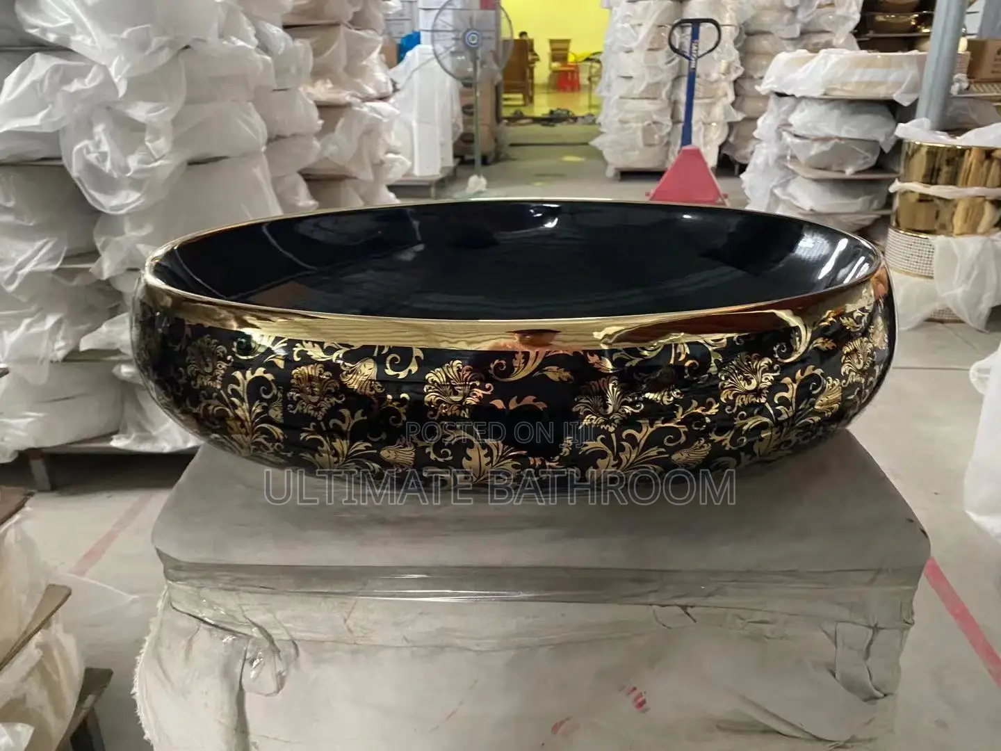 Black And Gold Egg Shape Flower Design Counter Top Basin