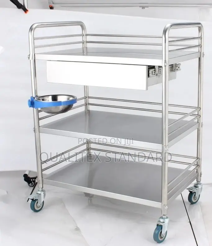 Medical Instrument Trolley With Three Steps, Bowl And Drawer