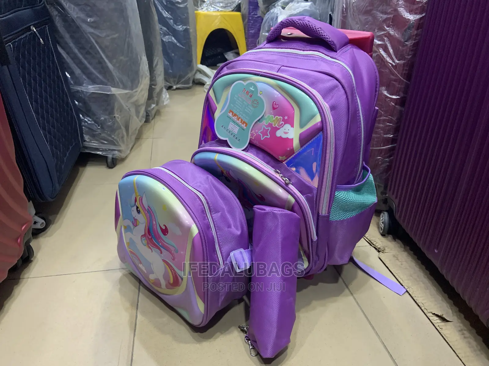 Medium Size Purple Cartoon Character Trolley Kids School Bag