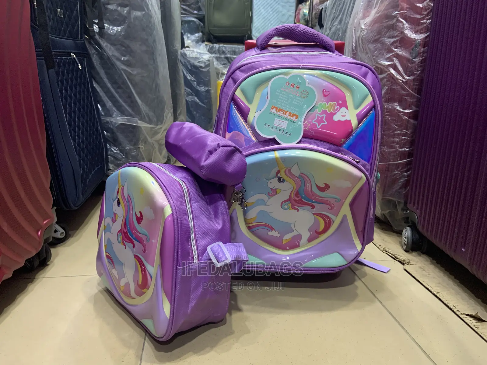 Medium Size Purple Cartoon Character Trolley Kids School Bag