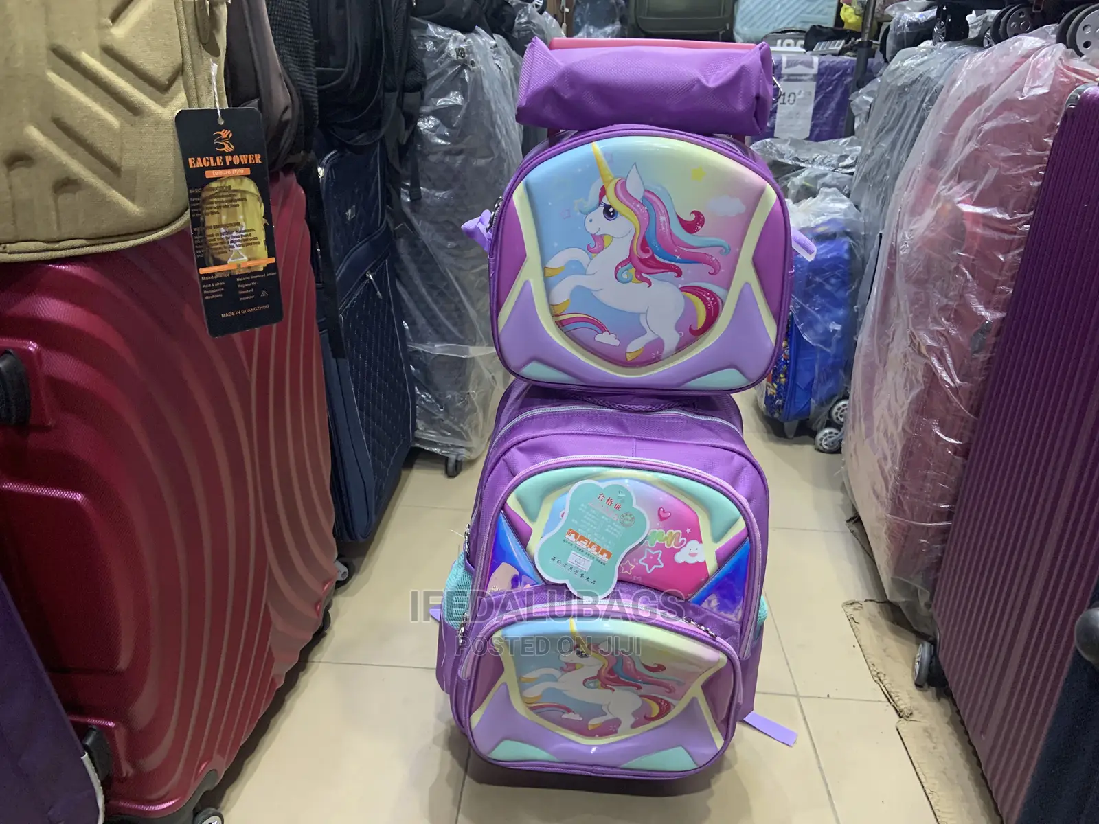 Medium Size Purple Cartoon Character Trolley Kids School Bag