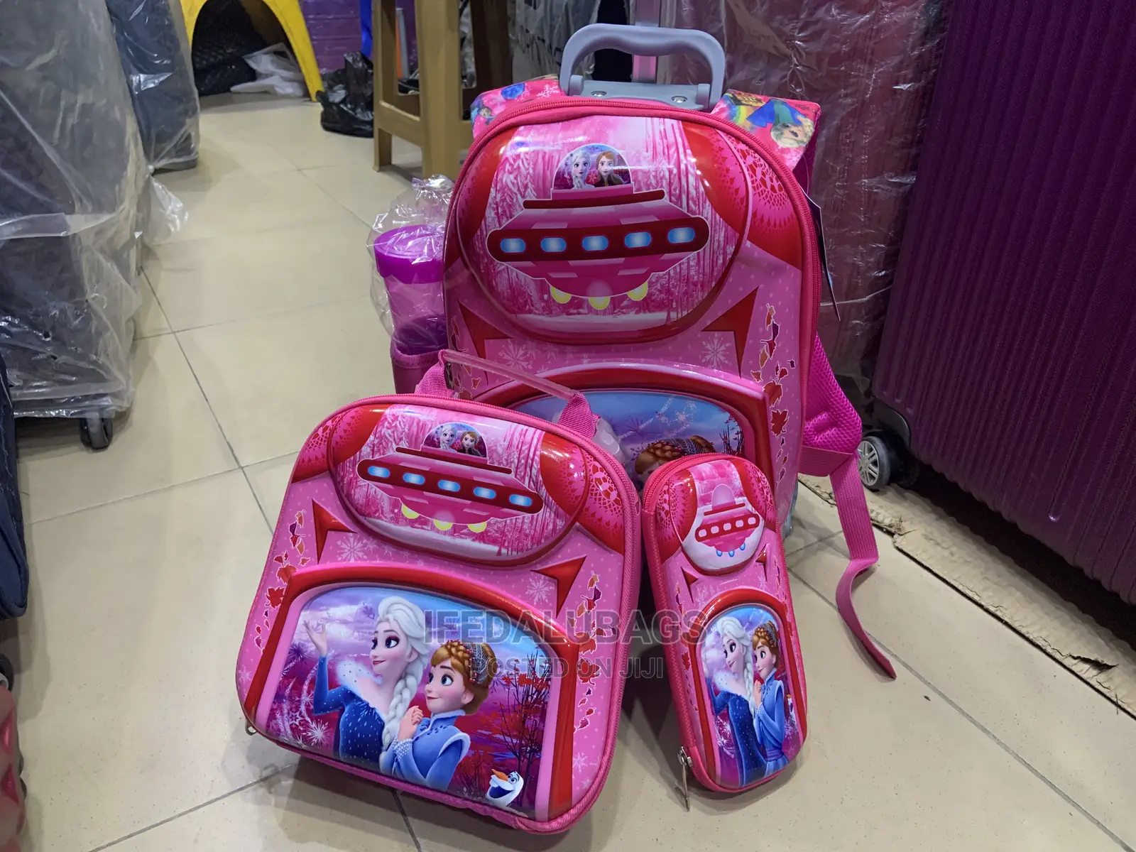 4n1 Set of Pink Cartoon Character Kids Trolley School Bag