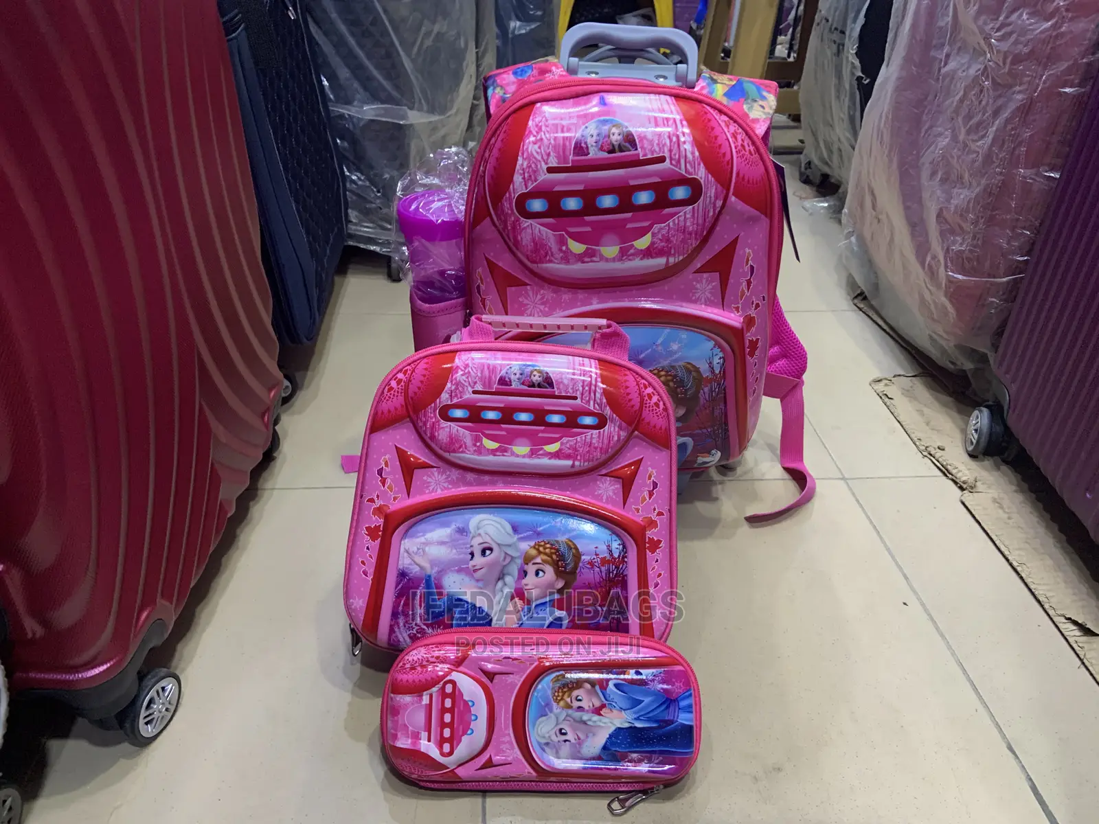 4n1 Set of Pink Cartoon Character Kids Trolley School Bag